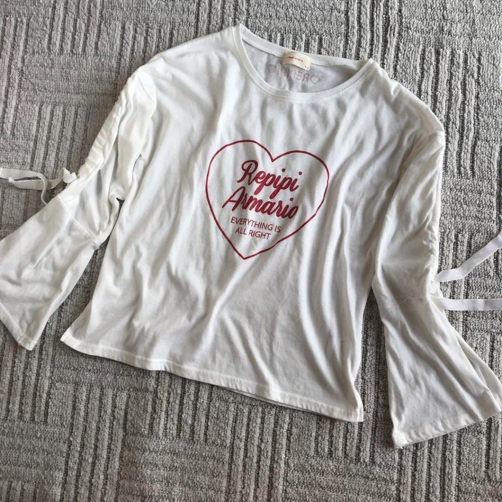 [Children's clothing] Cut and sew, heart, sleeve ruffles, lace-up style, ribbon